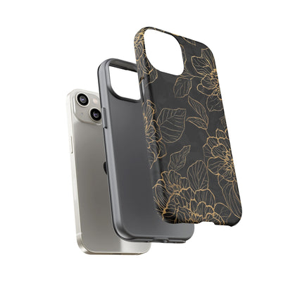 Floral Gold Outline Tough Phone Case – Black Botanical Protective Cover