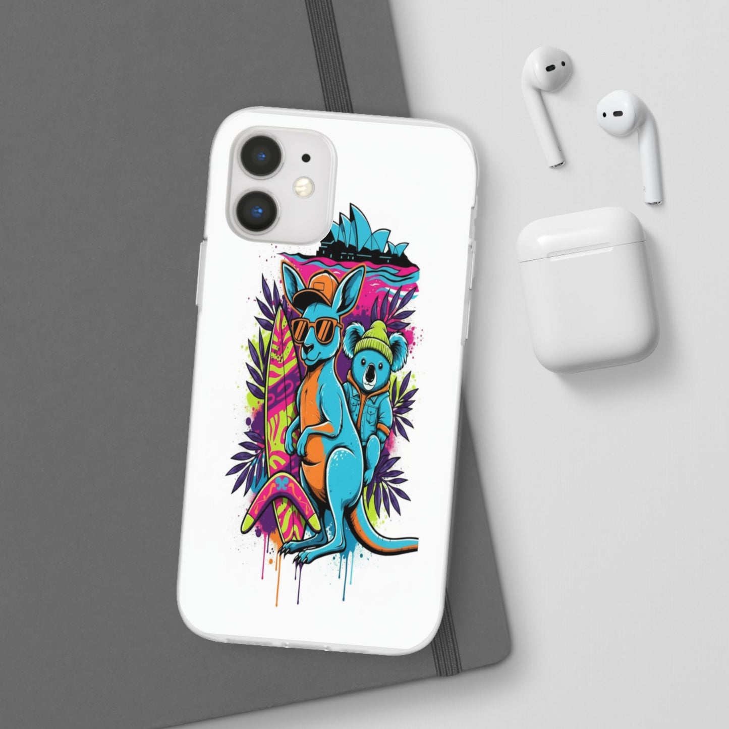 Kangaroo & Koala Surf Phone Case — Neon Aussie Beach Vibes Flexible Case
