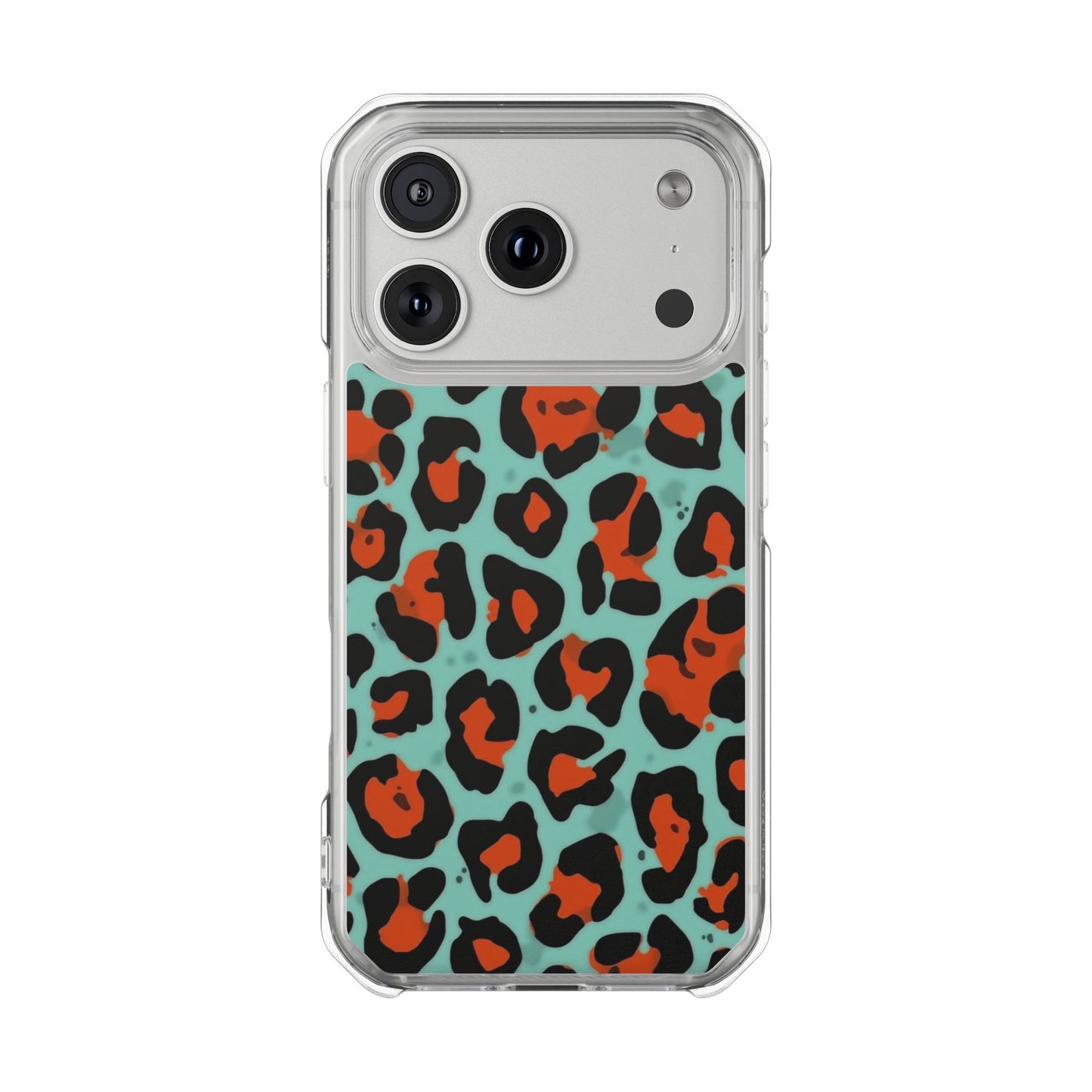 Clear Magnetic Phone Case — Teal & Rust Leopard Print