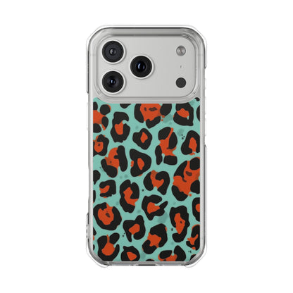 Clear Magnetic Phone Case — Teal & Rust Leopard Print