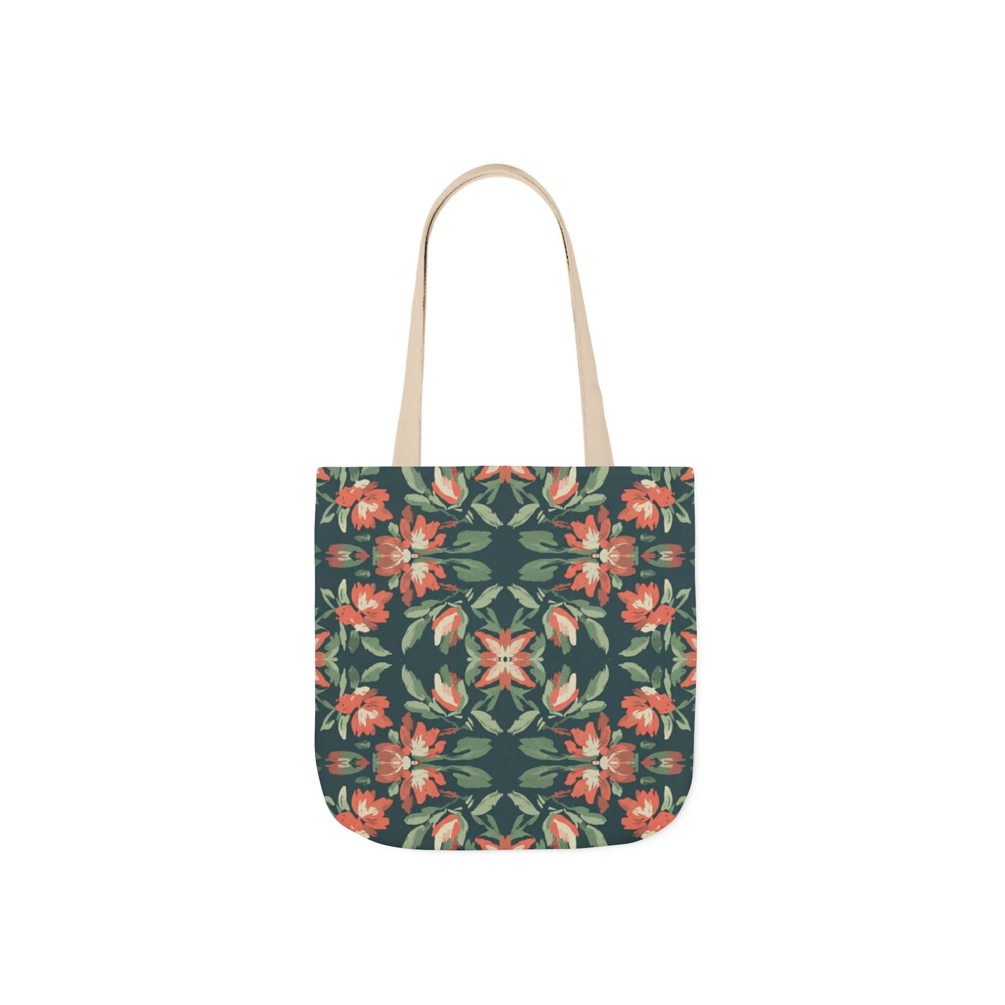 Floral Kaleidoscope Canvas Tote Bag — Green & Coral Patterned Market Tote