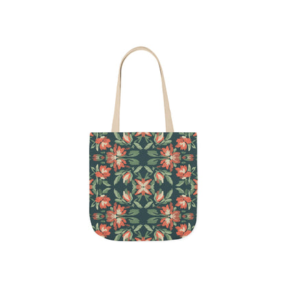Floral Kaleidoscope Canvas Tote Bag — Green & Coral Patterned Market Tote