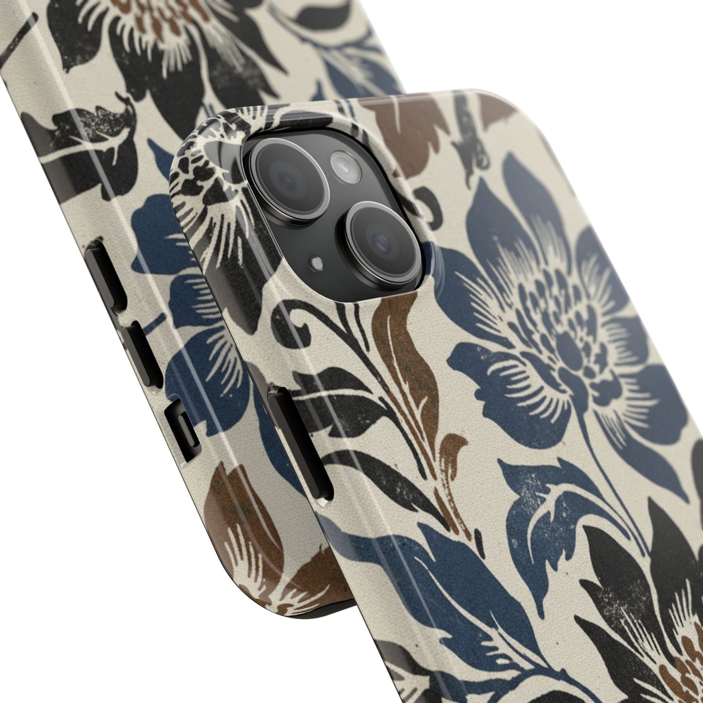Floral Vintage Tough Phone Case — Blue & Brown Botanical Protection