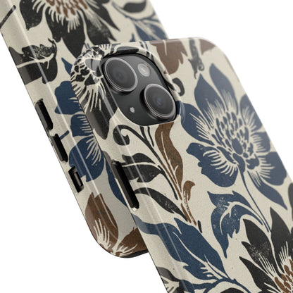 Floral Vintage Tough Phone Case — Blue & Brown Botanical Protection