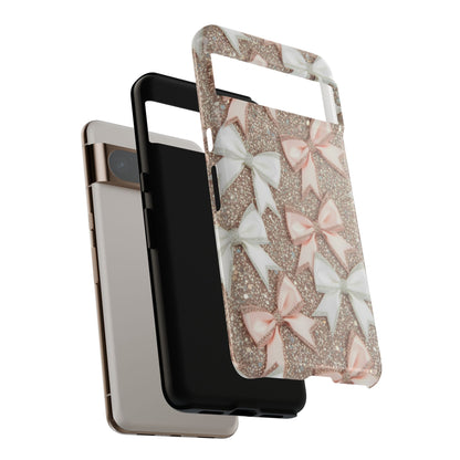 Glitter Bow Tough Phone Case — Pink & White Ribbon Protective Cover