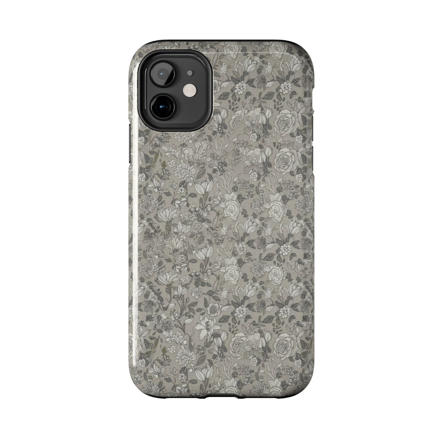 Gray Floral Tough Phone Case — Durable Protective Phone Cover with Vintage Botanical Pattern