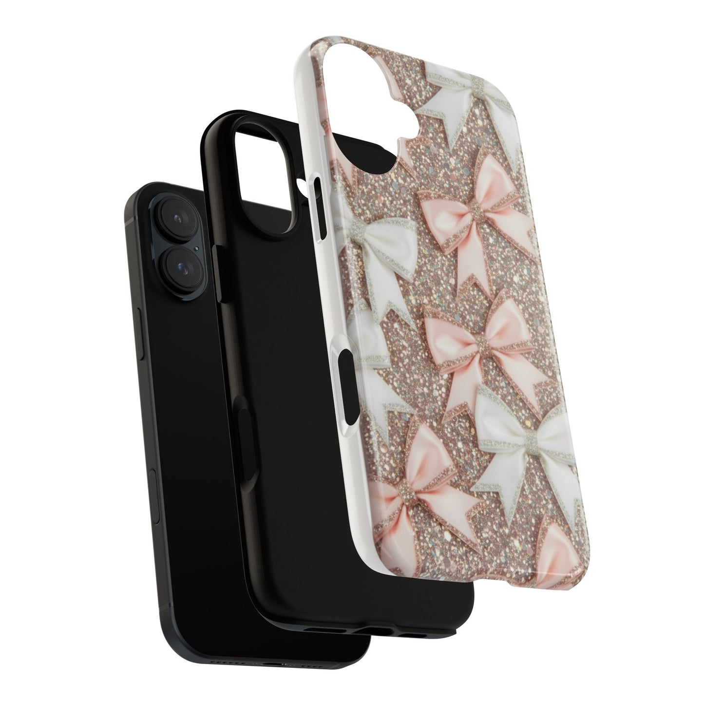 Glitter Bow Tough Phone Case — Pink & White Ribbon Protective Cover