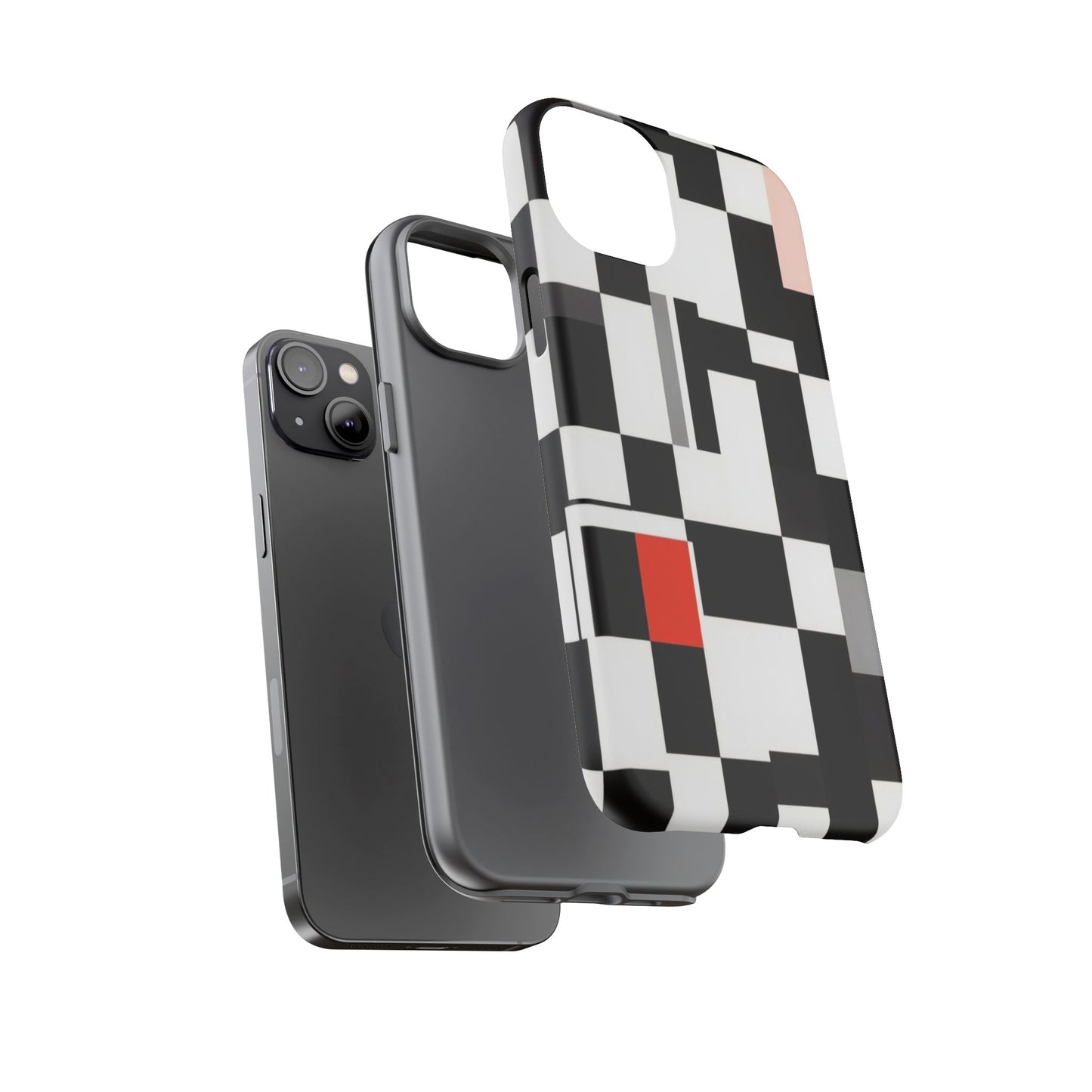 Abstract Geometric Phone Case – Black & White Checker Grid with Red Accent