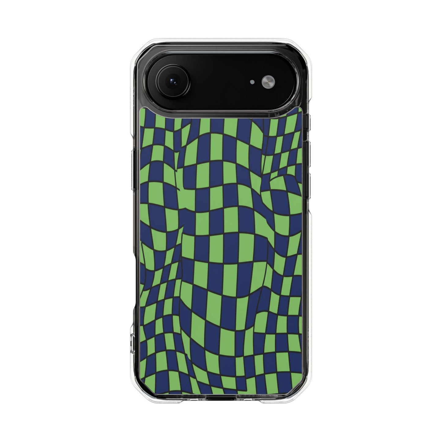 Clear Magnetic Phone Case — Green Distorted Checkerboard Design