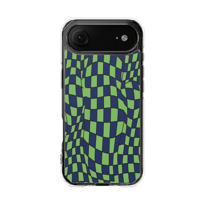 Clear Magnetic Phone Case — Green Distorted Checkerboard Design