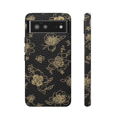 Floral Leather Phone Case — Gold Outline Flowers on Black Tough Case