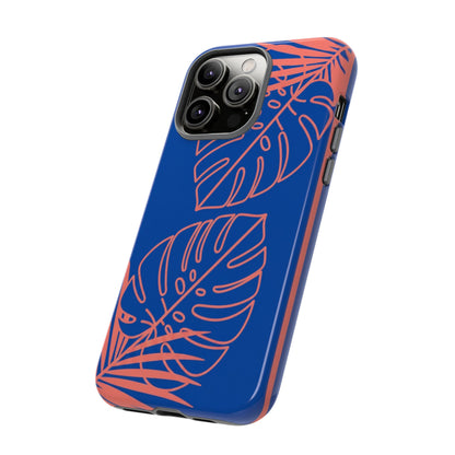 Tropical Monstera Phone Case — Blue & Coral Leaf Protective Cover