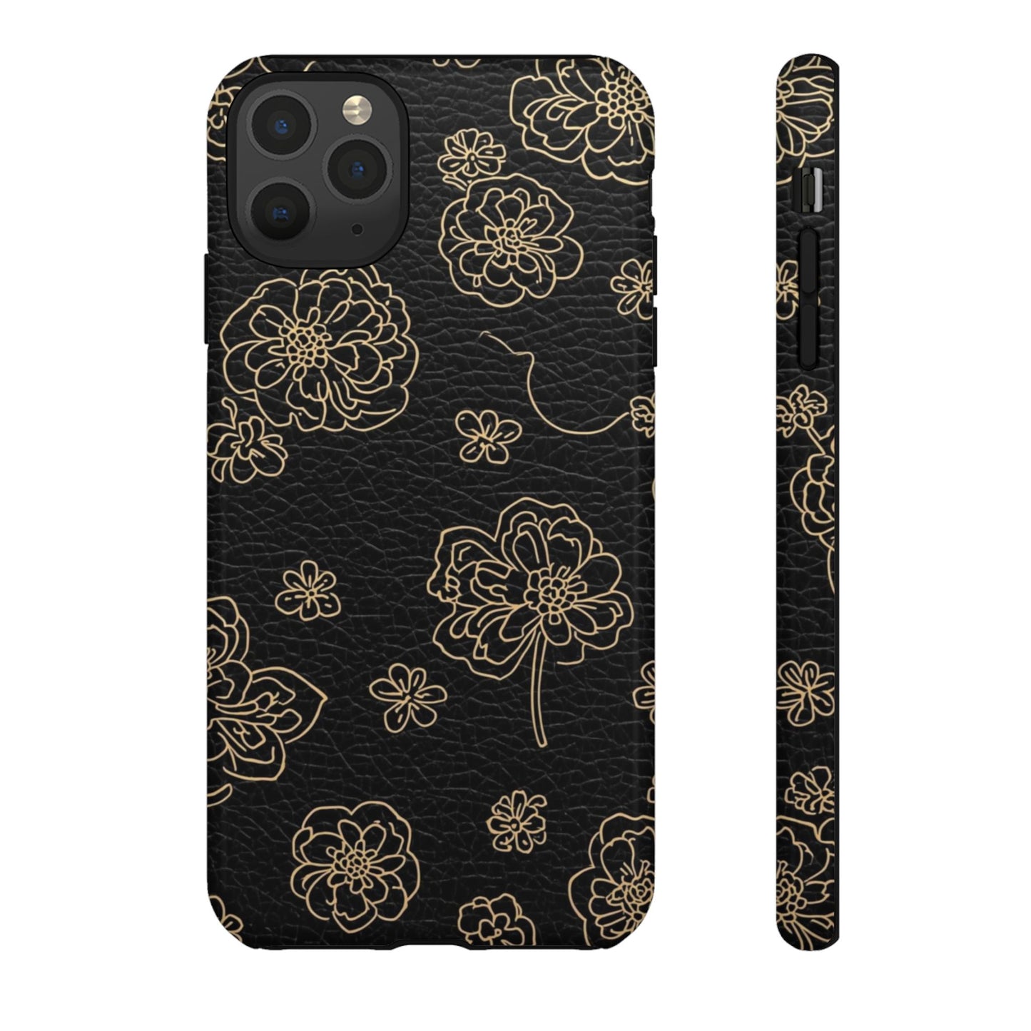Floral Leather-Texture Tough Case – Black Gold Outline Phone Cover