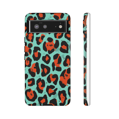 Leopard Print Tough Phone Case — Teal & Rust Protective iPhone Cover