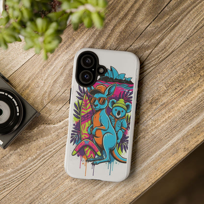 Kangaroo & Koala Surf Phone Case — Retro Neon Beach Art Tough Case