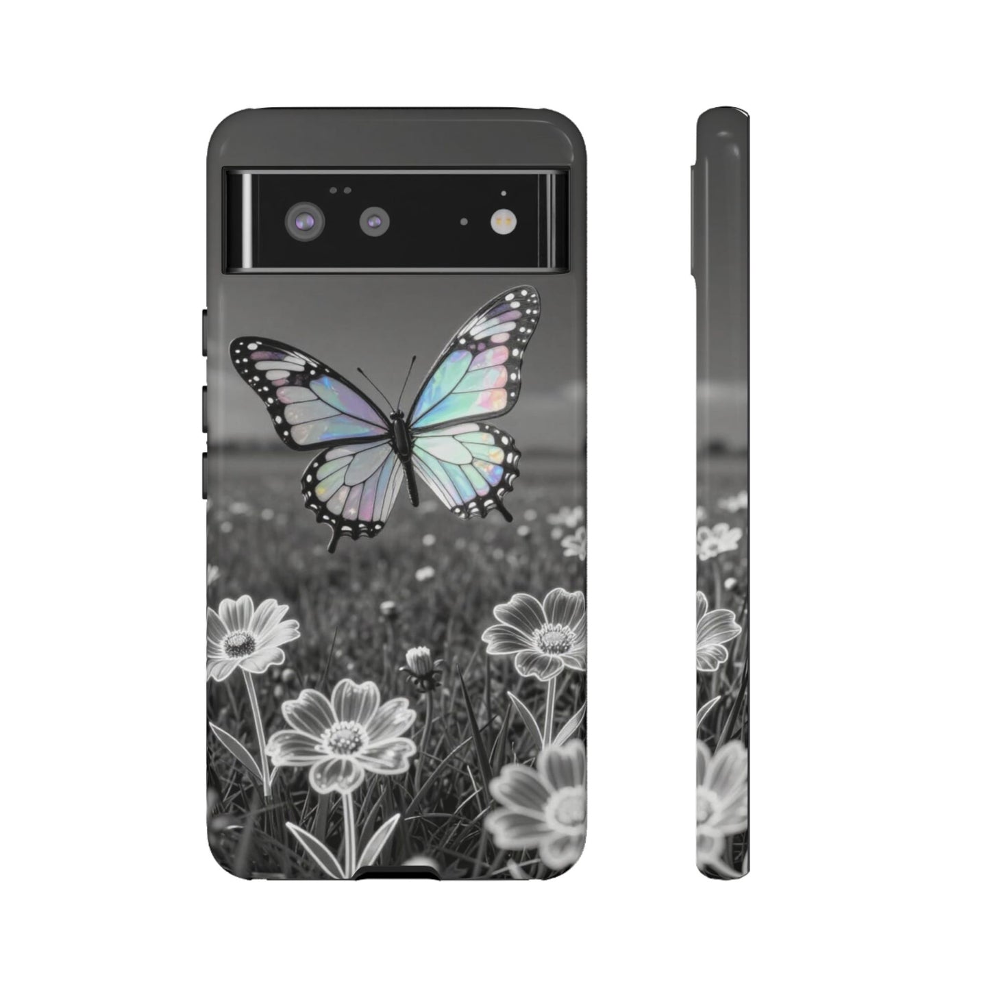 Butterfly Field Tough Phone Case — Pastel Holographic Butterfly on Black & White Floral Background