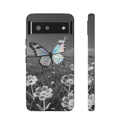 Butterfly Field Tough Phone Case — Pastel Holographic Butterfly on Black & White Floral Background