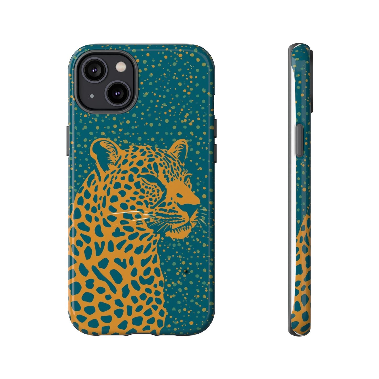 Leopard Spotlight Phone Case — Teal Gold Animal Print Protective Cover