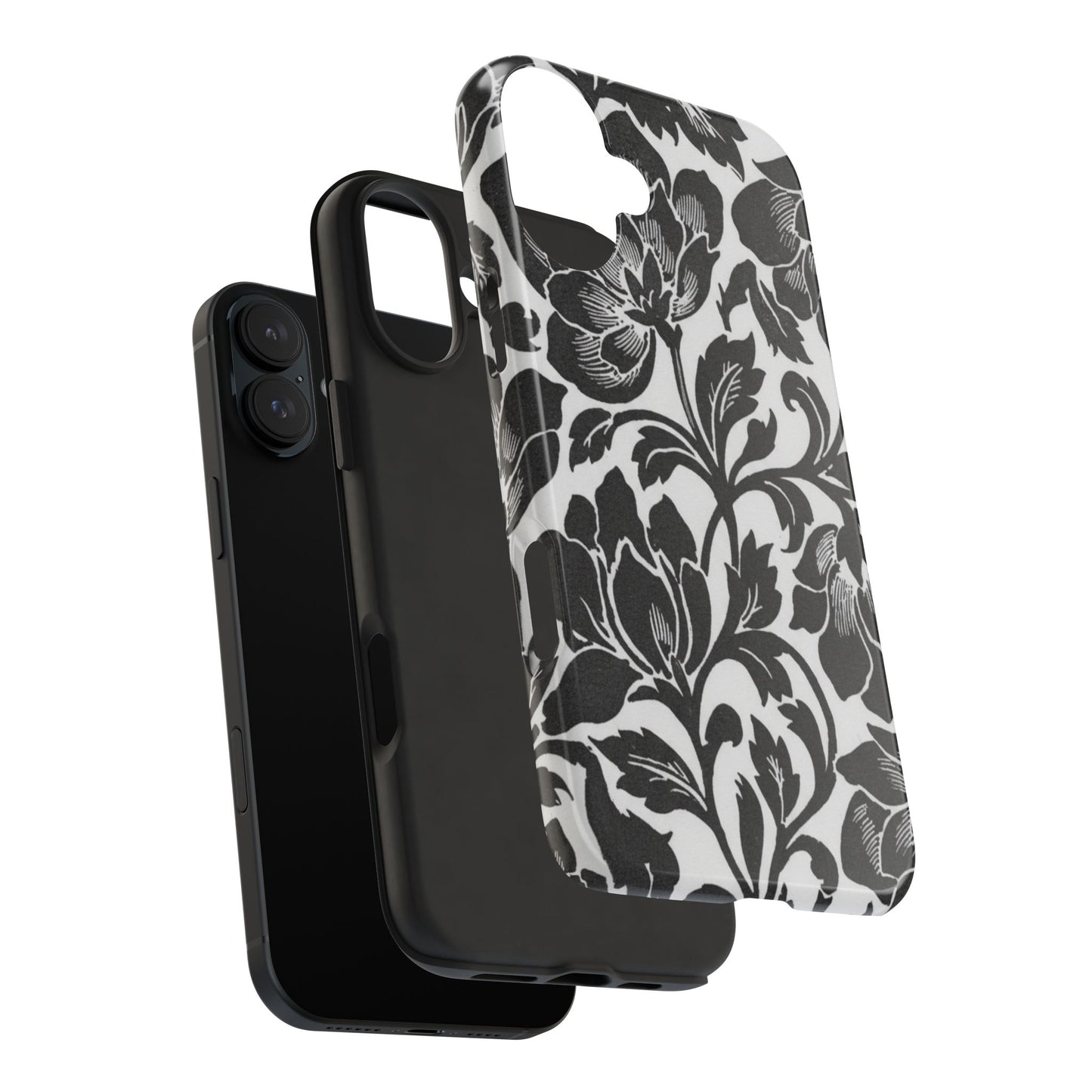 Tough Phone Case — Black & White Vintage Floral Protective Cover