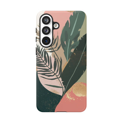 Tropical Leaf Tough Phone Case — Abstract Pink & Green Botanical Protective Cover