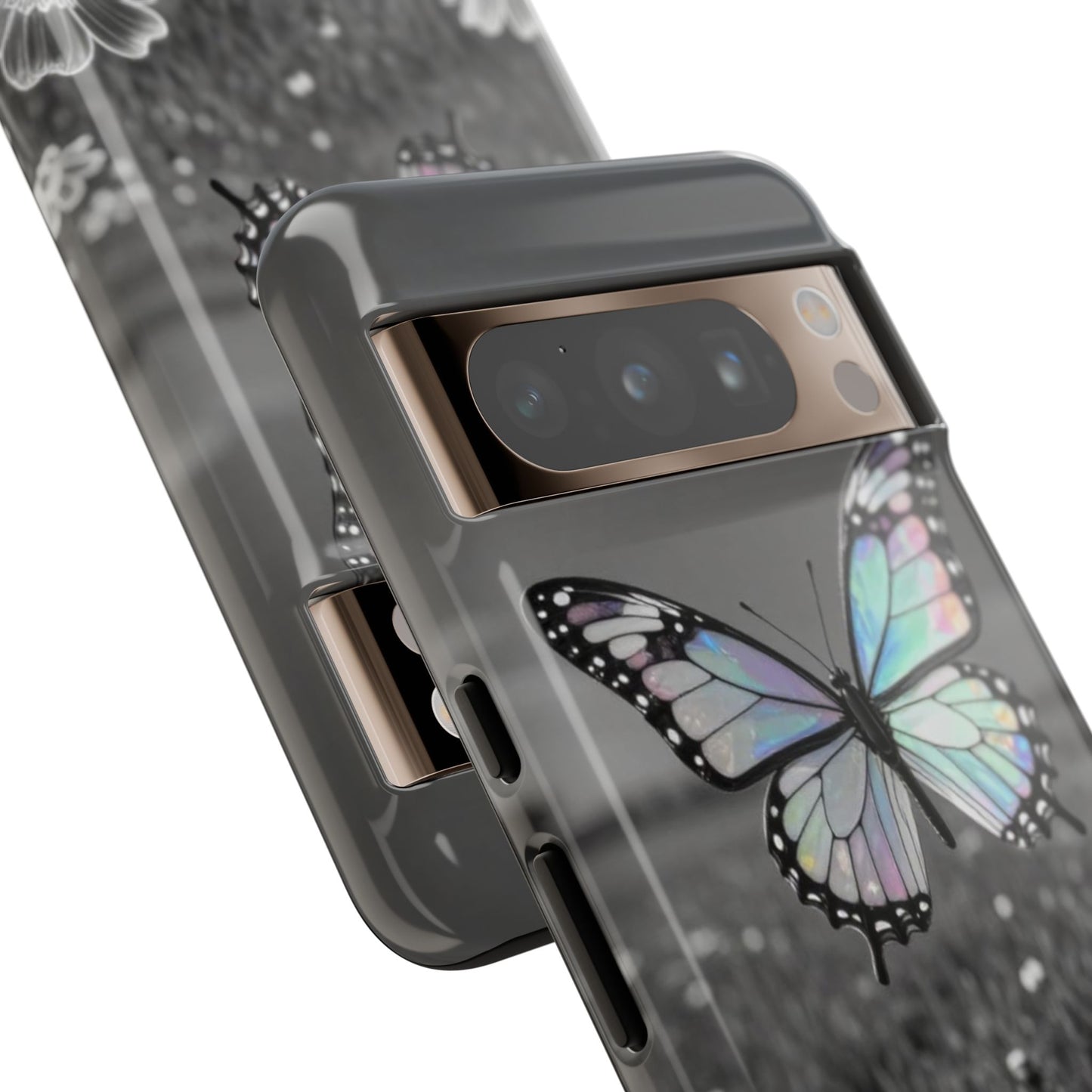 Butterfly Field Tough Phone Case — Pastel Holographic Butterfly on Black & White Floral Background
