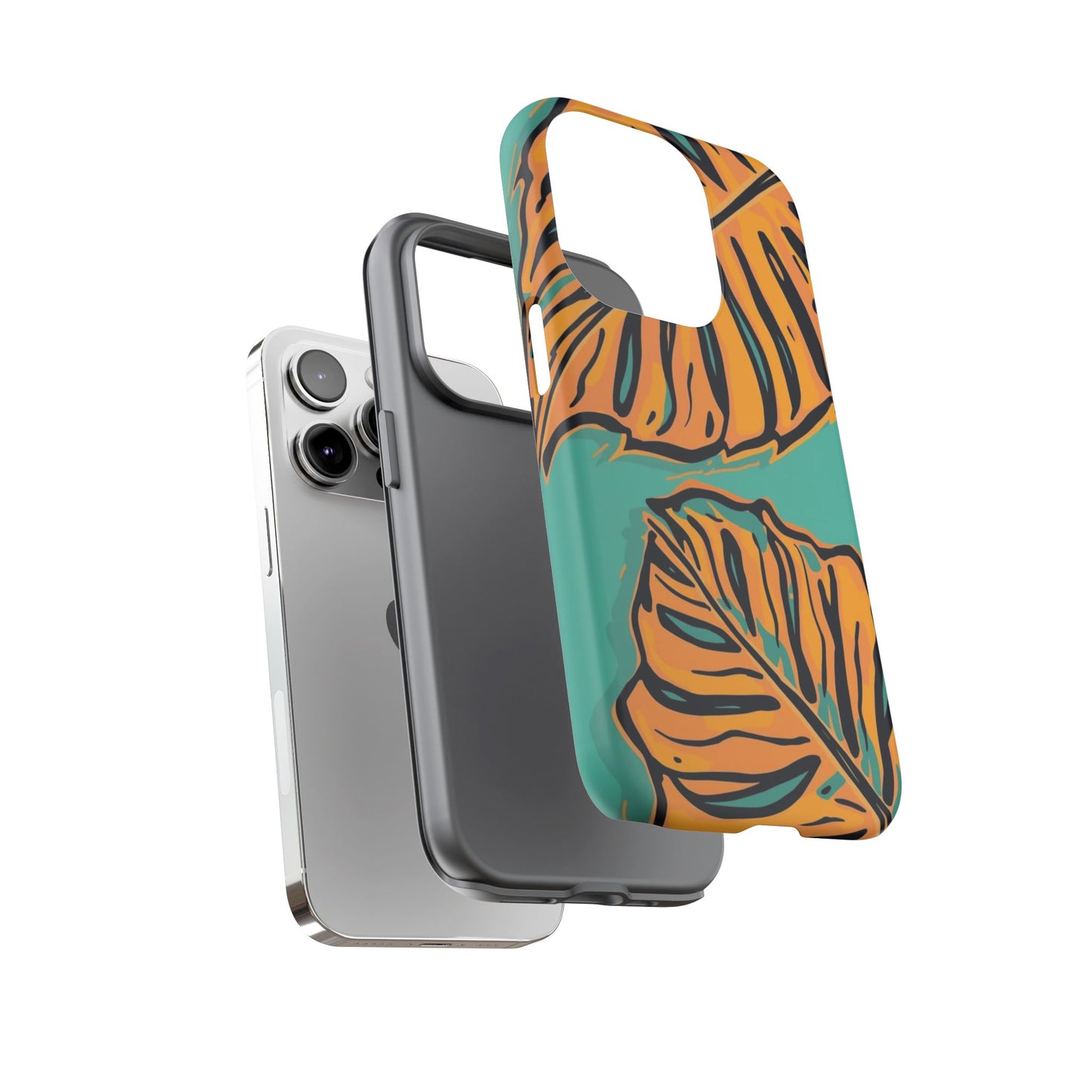 Tropical Leaf Tough Phone Case — Orange Monstera Design on Teal