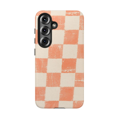 Peach Checkerboard Tough Phone Case — Retro Distressed Grid Design