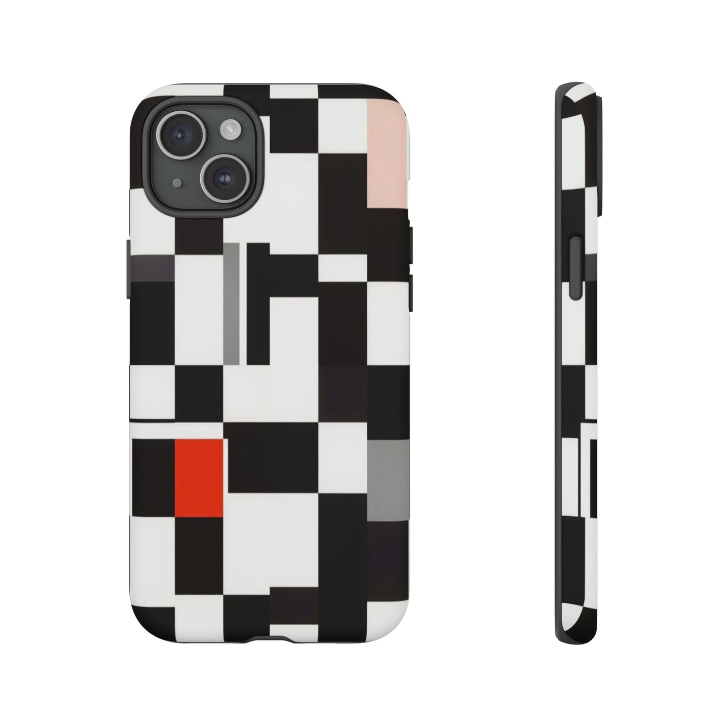 Abstract Geometric Phone Case – Black & White Checker Grid with Red Accent