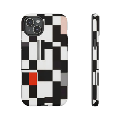 Abstract Geometric Phone Case – Black & White Checker Grid with Red Accent