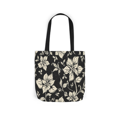 Vintage Floral Canvas Tote Bag – Black & Cream Flower Pattern with Contrast Straps
