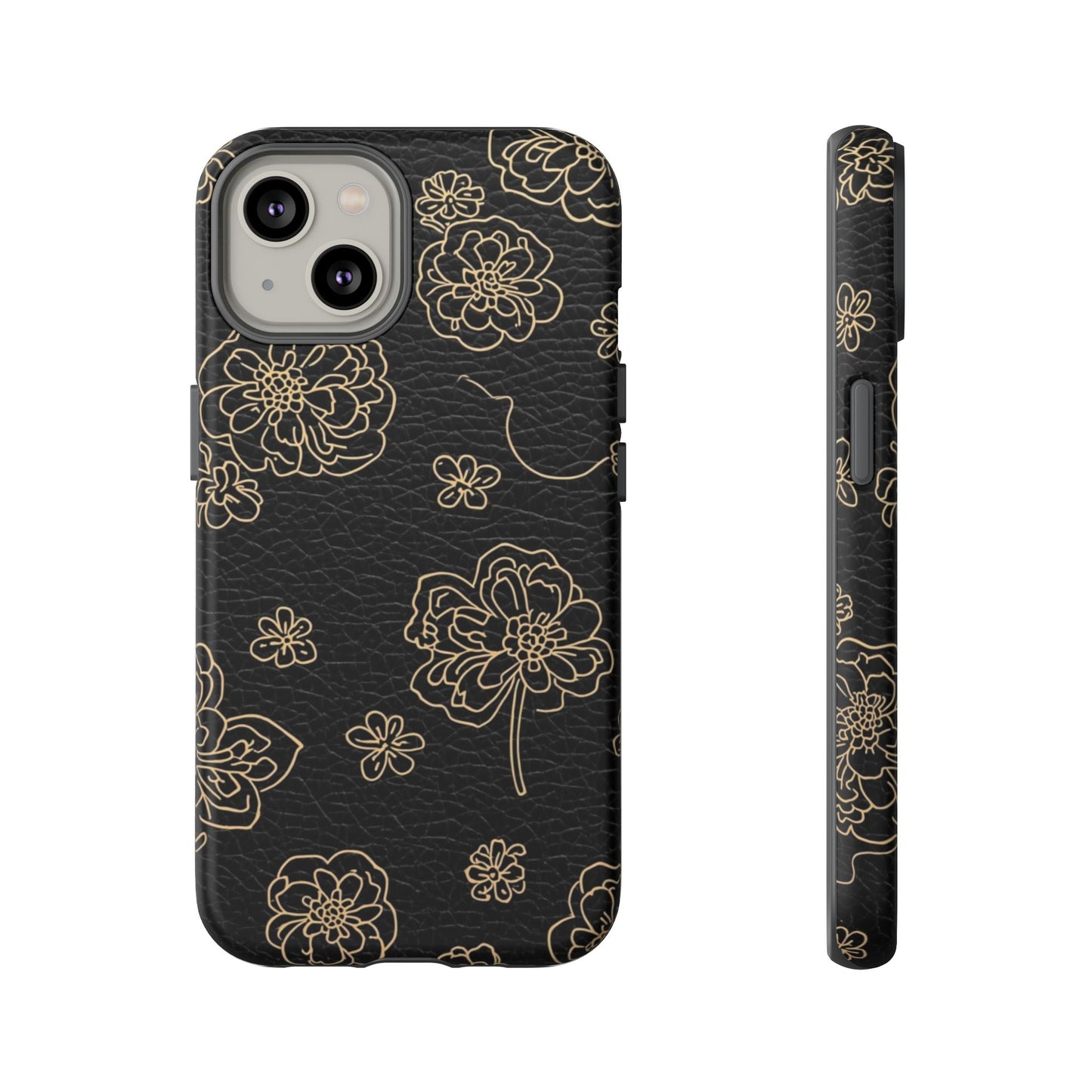 Floral Leather-Texture Tough Case – Black Gold Outline Phone Cover