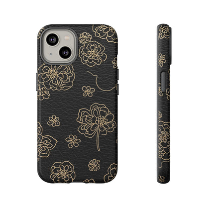 Floral Leather-Texture Tough Case – Black Gold Outline Phone Cover