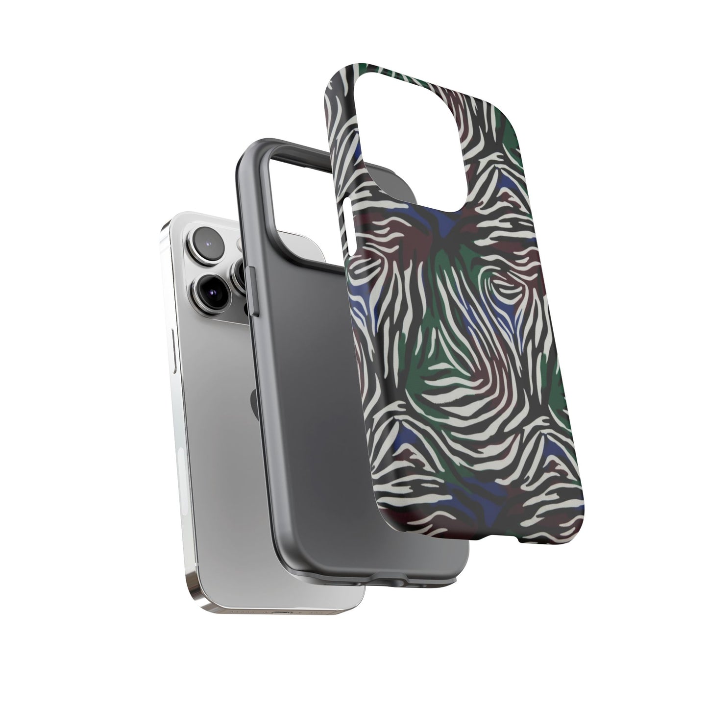 Zebra Camo Tough Phone Case – Green & Blue Animal Print Protective Cover