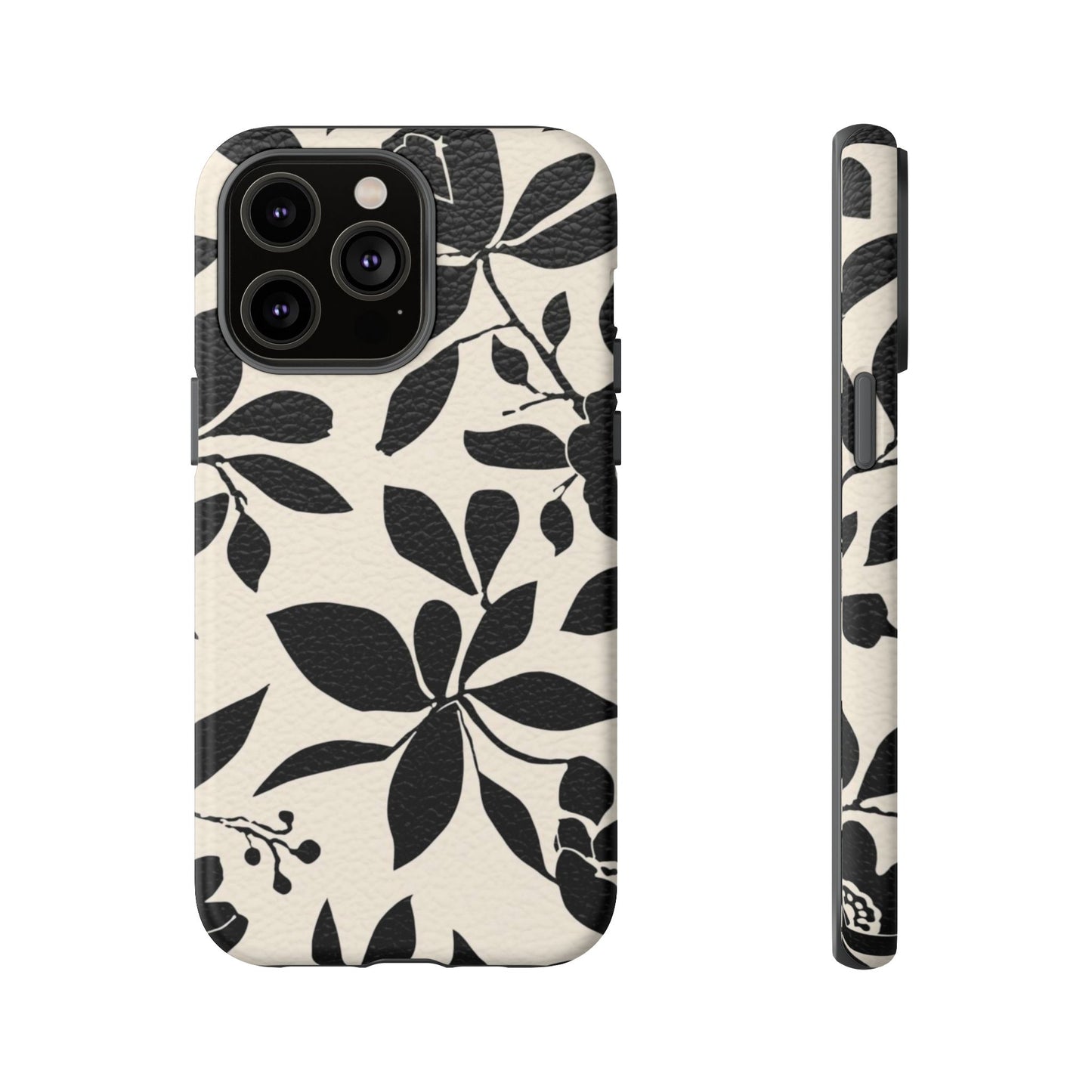 Black Floral Pattern Phone Case — Monochrome Botanical Tough Case