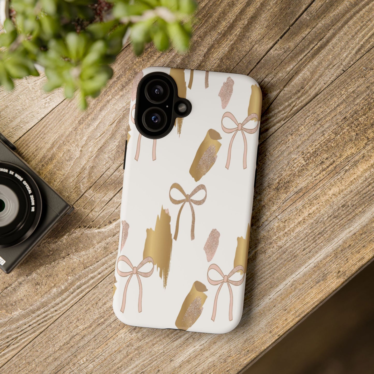 Phone Case — Gold Brushstroke & Blush Bow Pattern