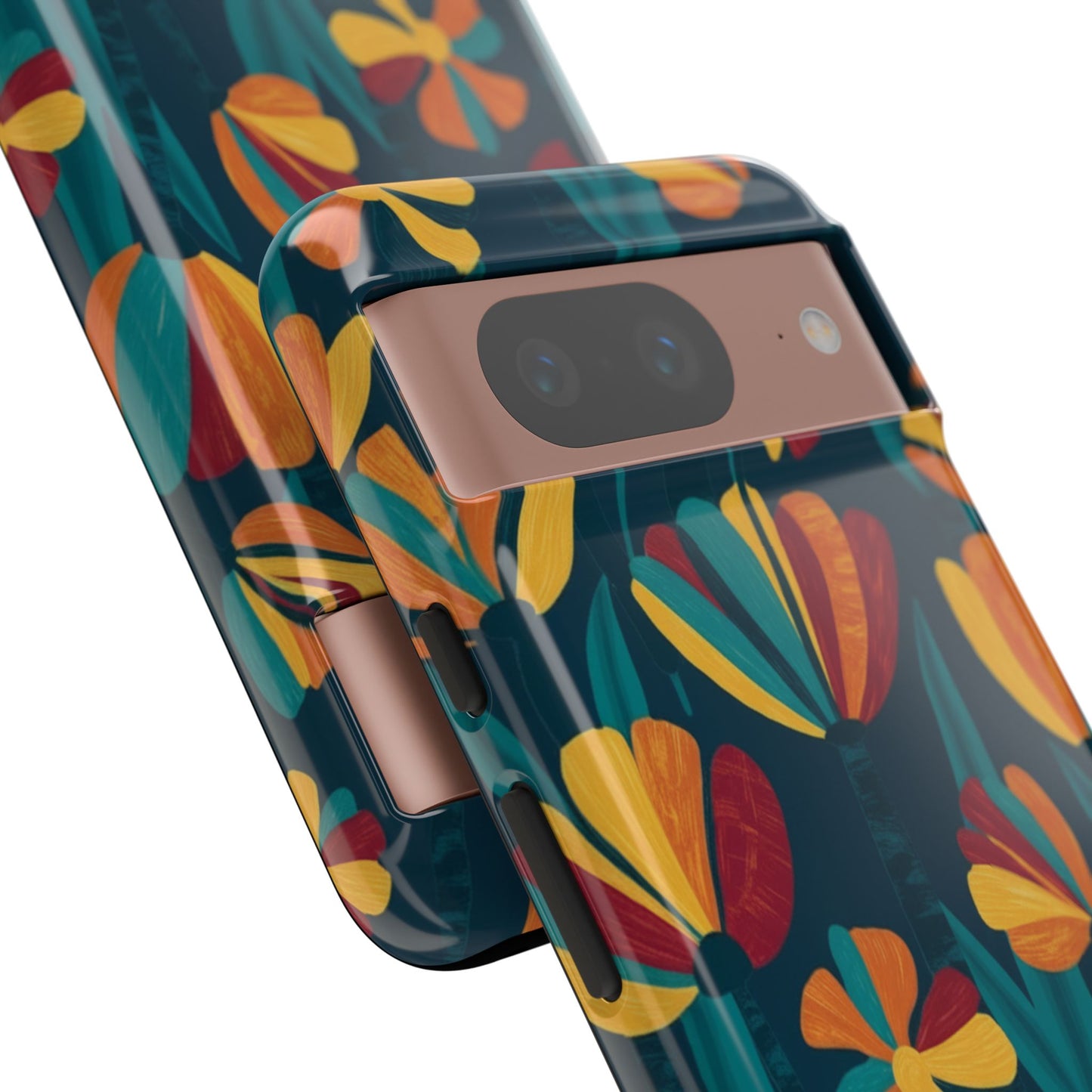 Floral Retro Teal Tough Phone Case — Vibrant Orange & Mustard Blooms