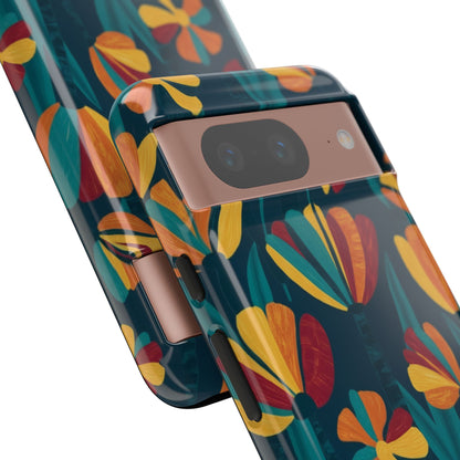 Floral Retro Teal Tough Phone Case — Vibrant Orange & Mustard Blooms
