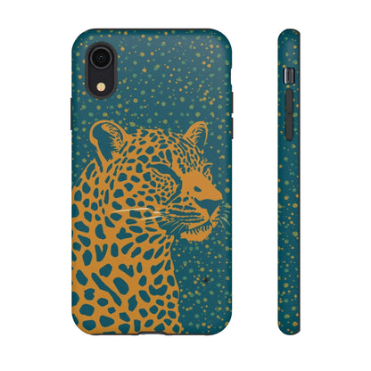 Leopard Print Tough Phone Case — Gold Panther on Teal, Protective iPhone Cover