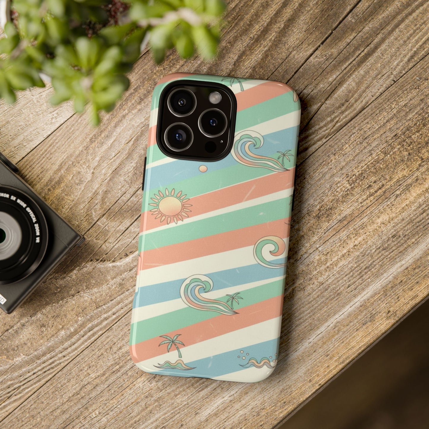 Beach Waves Tough Phone Case — Retro Surf Stripes, Palm & Sun Protective Cover