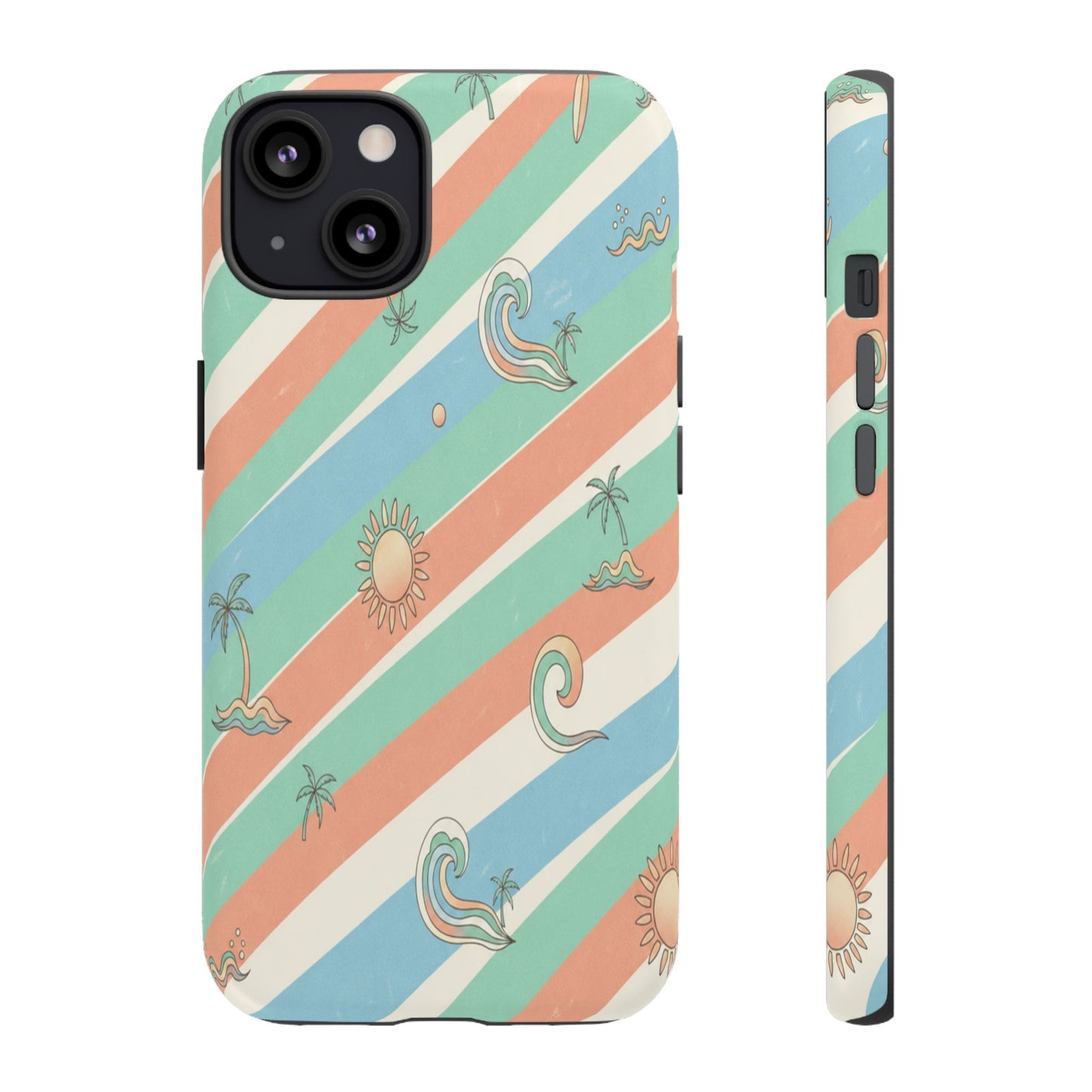 Retro Beach Stripes Phone Case — Sun, Waves & Palm Pattern Tough Case
