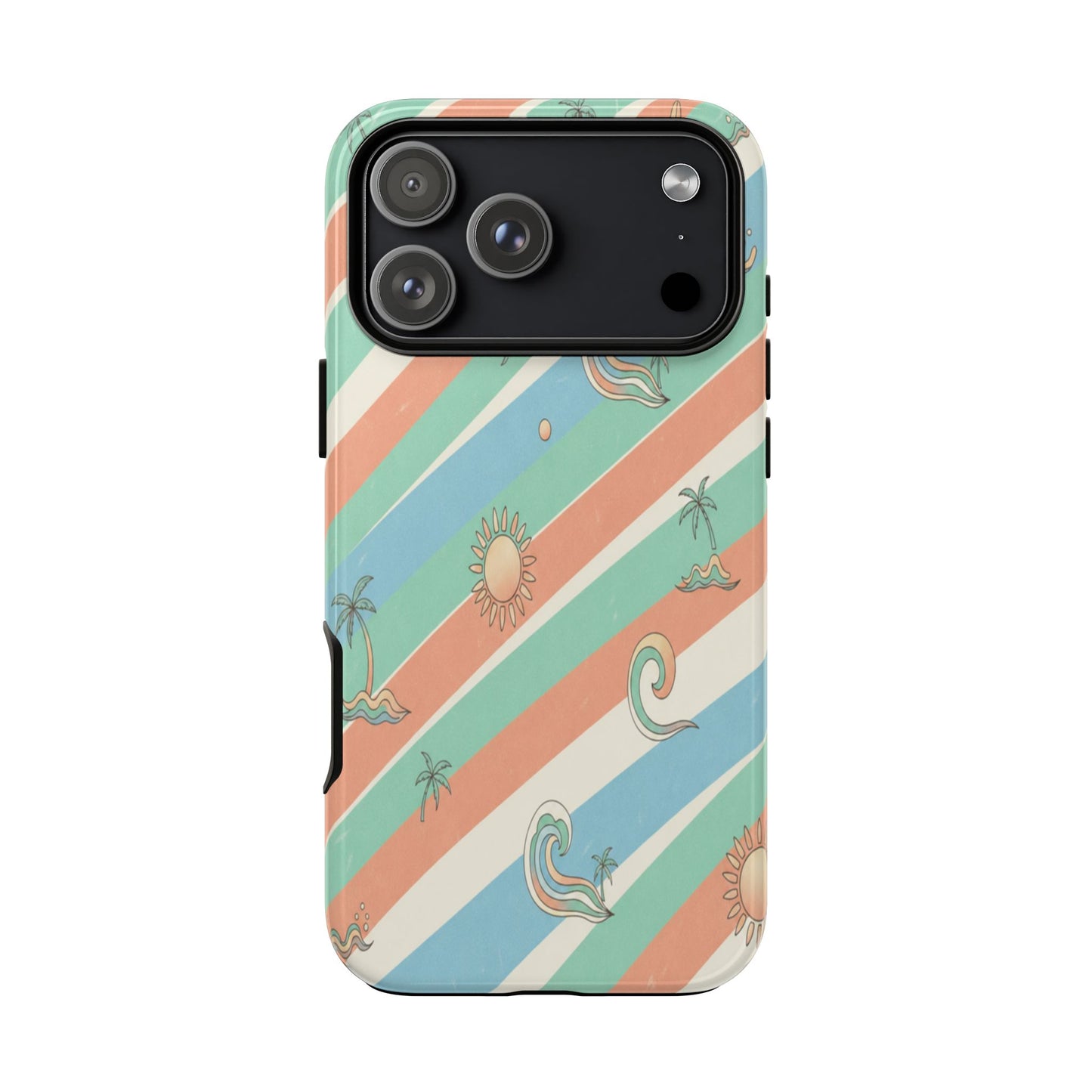 Retro Beach Stripes Phone Case — Sun, Waves & Palm Pattern Tough Case