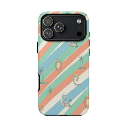 Retro Beach Stripes Phone Case — Sun, Waves & Palm Pattern Tough Case