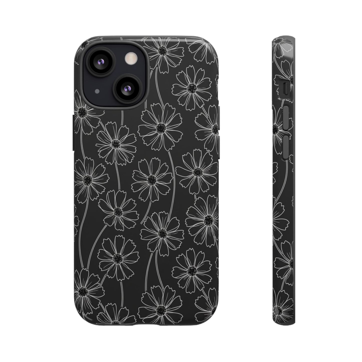 Floral Doodle Tough Phone Case — Black & Gray Daisy Pattern