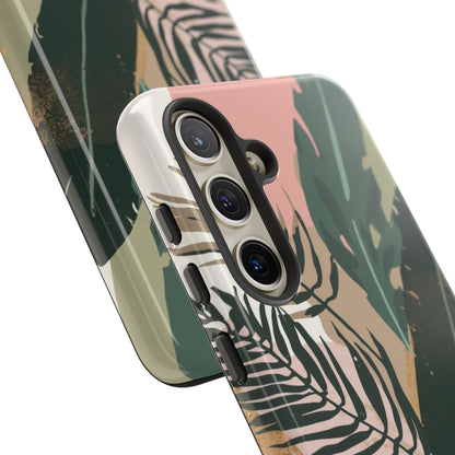 Tropical Leaf Tough Phone Case — Abstract Pink & Green Botanical Protective Cover