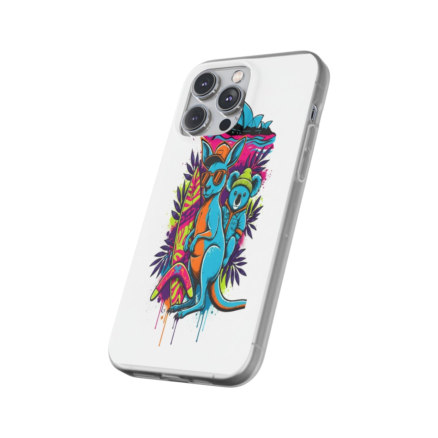Kangaroo & Koala Surf Phone Case — Neon Aussie Beach Vibes Flexible Case