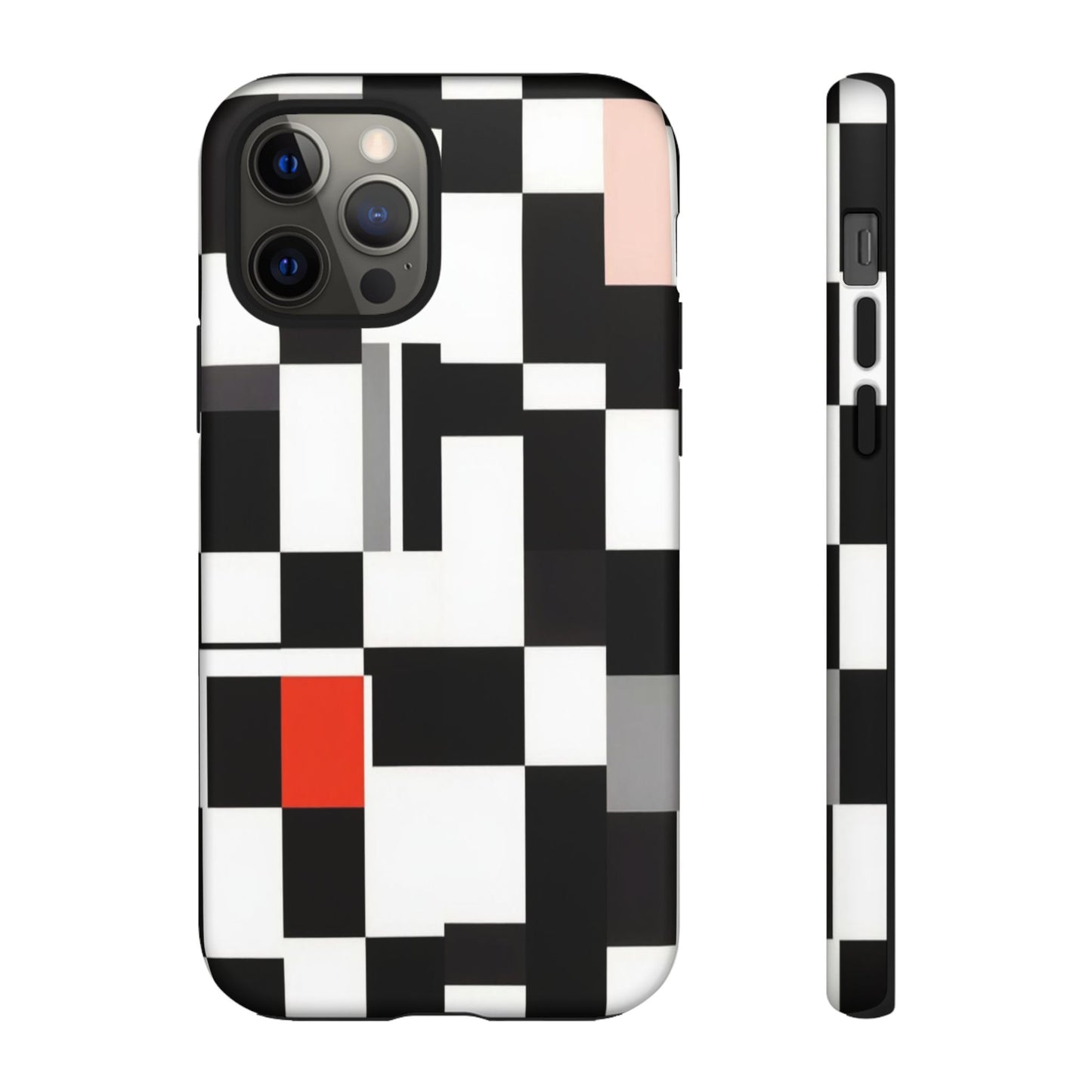 Abstract Geometric Phone Case – Black & White Checker Grid with Red Accent
