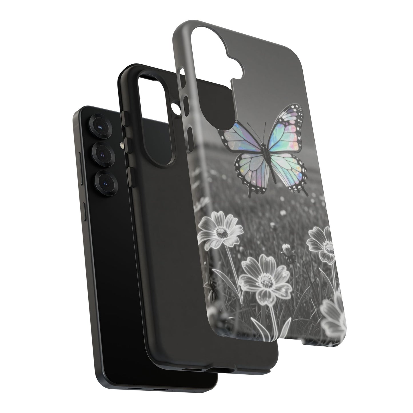 Butterfly Field Tough Phone Case — Pastel Holographic Butterfly on Black & White Floral Background