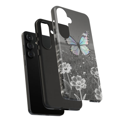 Butterfly Field Tough Phone Case — Pastel Holographic Butterfly on Black & White Floral Background
