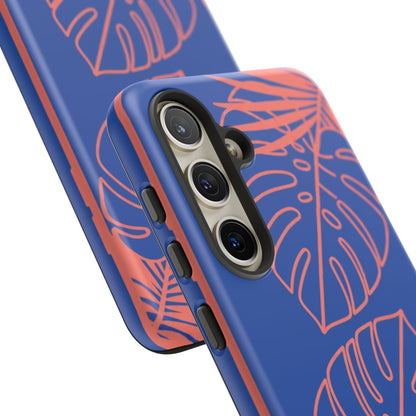 Tropical Monstera Phone Case — Blue & Coral Leaf Protective Cover