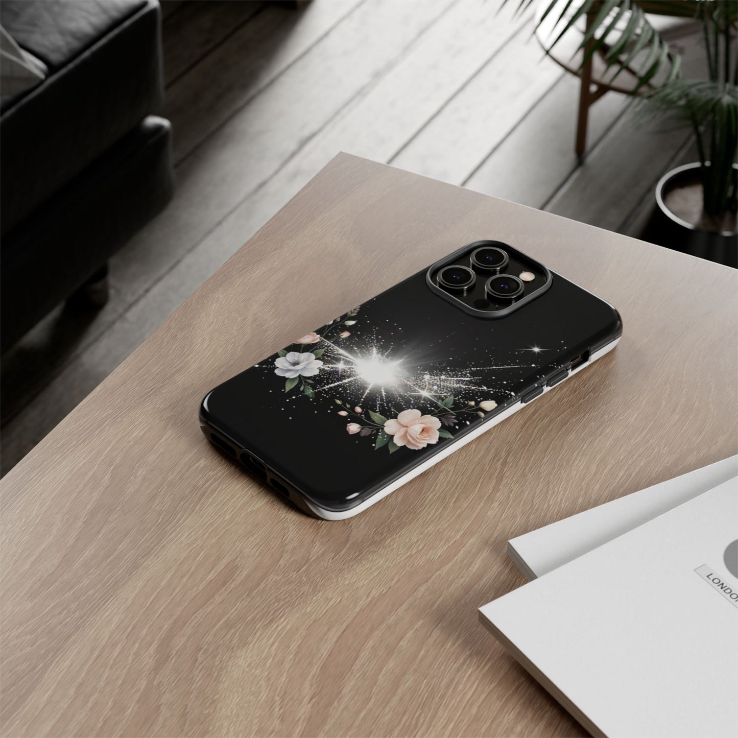 Floral Burst Phone Case — Protective Black Sparkle Design